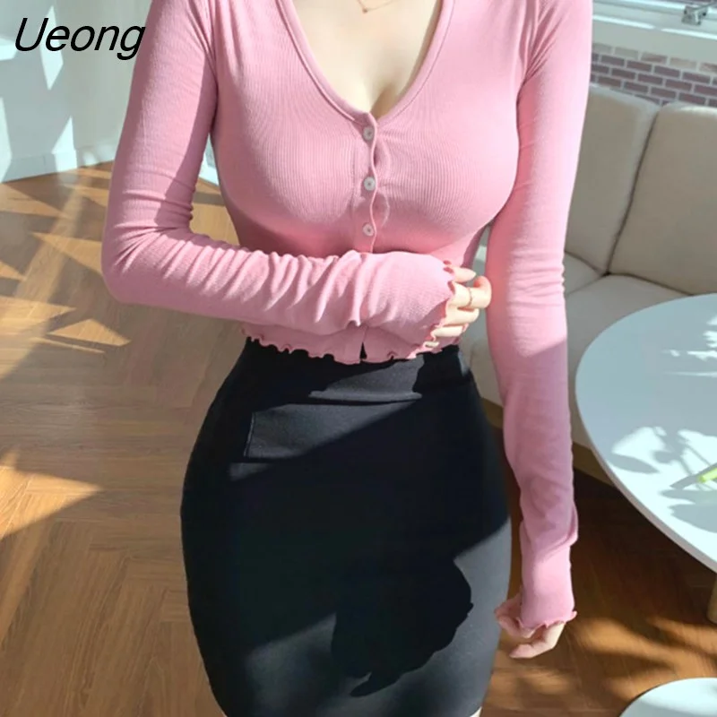 Ueong Solid Slim Short Crop Top Spring Autumn Open Stitch Sweater Black Cardigan Long Sleeve V Neck Pull Femme Pink Women Sweater
