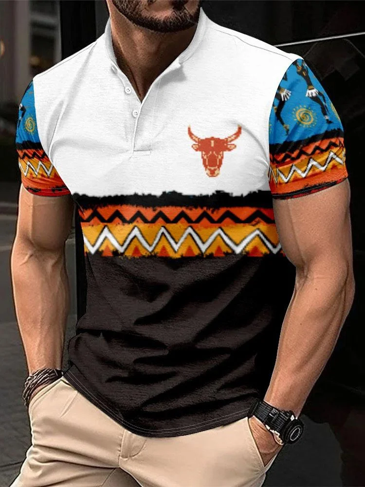 Men's Fashionable Ethnic Print Short Sleeve Henley Shirt