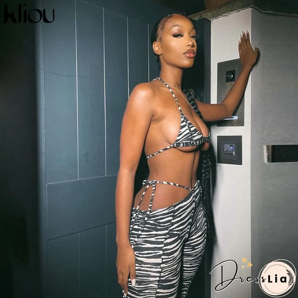 Kliou Womens Fashion Print Matching Set Halter Top Bandage Pant Two Piece Outfit Women