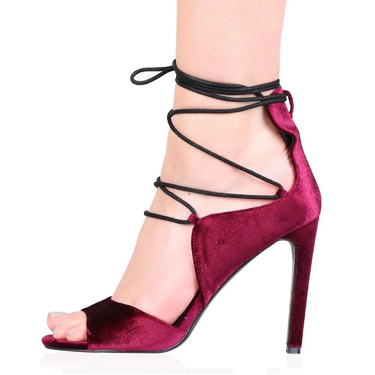 Burgundy Velvet Heels Open Toe Strappy Sandals for Women |FSJ Shoes