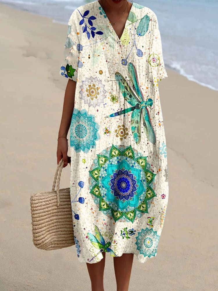 Womens Elegant Geometric Floral Dragonfly Pattern Art Print Flowy Dress