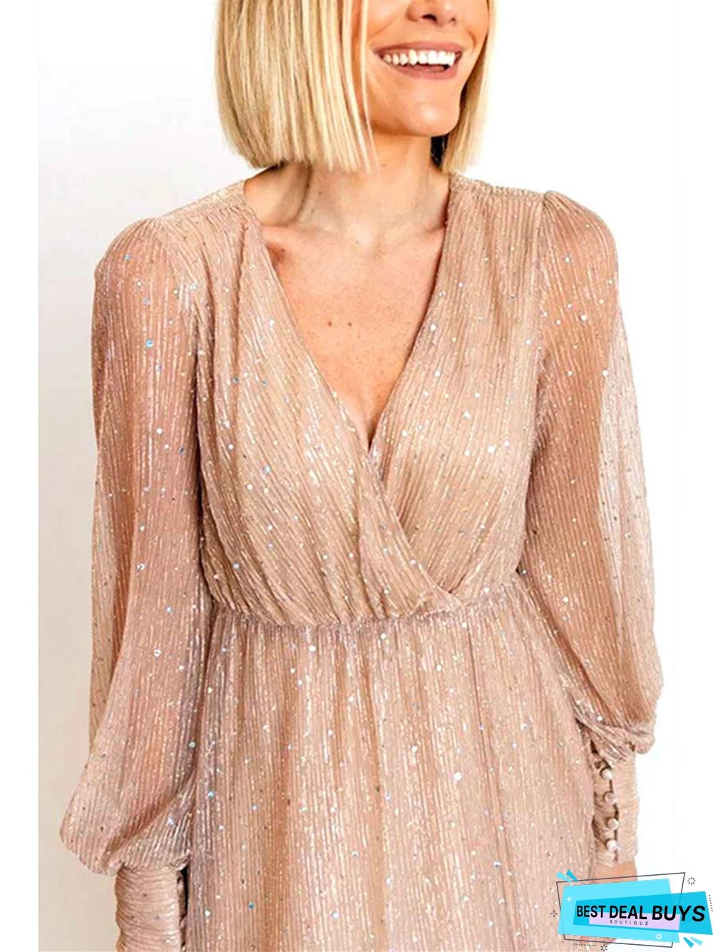 Large Women's Banquet Evening Dress Long Sleeve V-Neck Split Dress