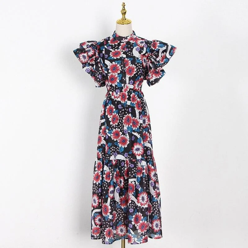 ABEBEY Vintage Hit Color Women's Dress Stand Collar Ruffle Sleeve High Waist Print Maxi Dresses Female Fashion New Tide