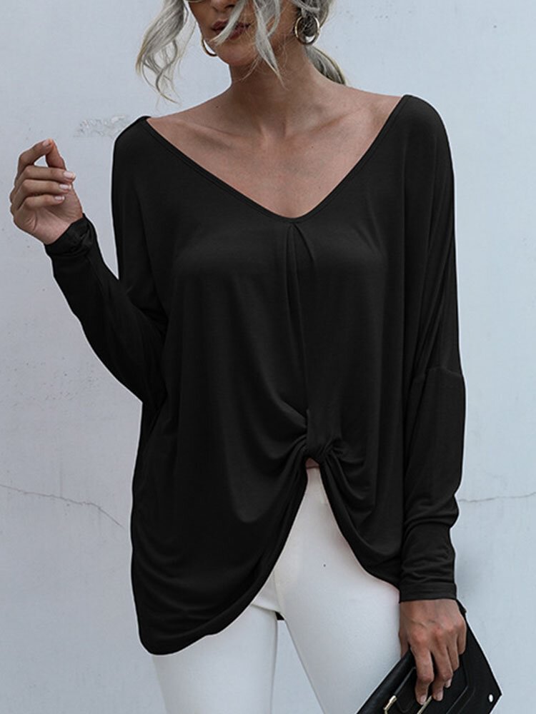 Solid Color Long Sleeve V neck Loose Women Casual T shirt P1858151