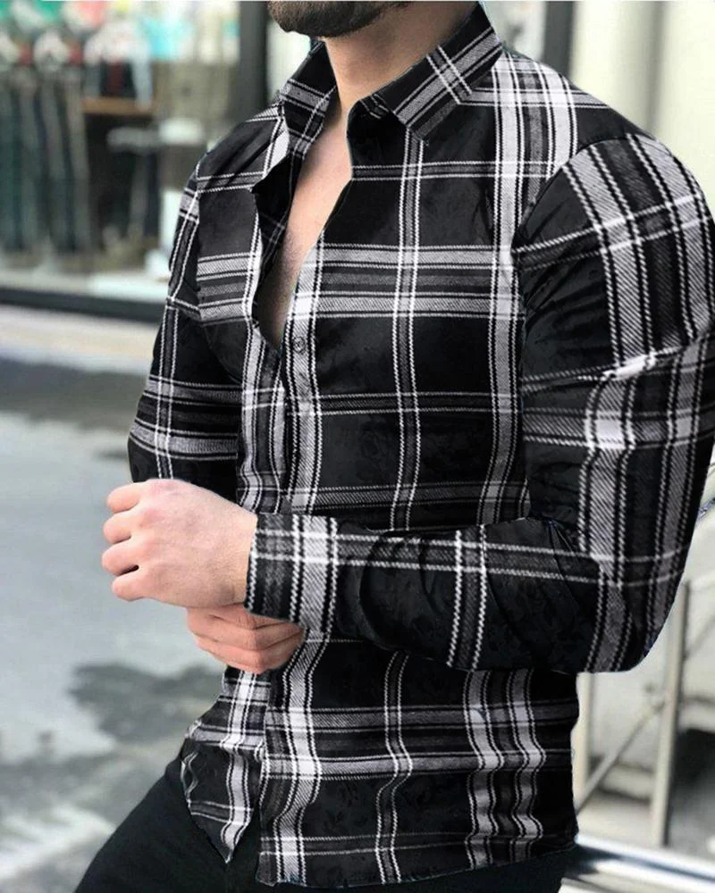 Men's Casual Plaid Printed Long Sleeve Shirt