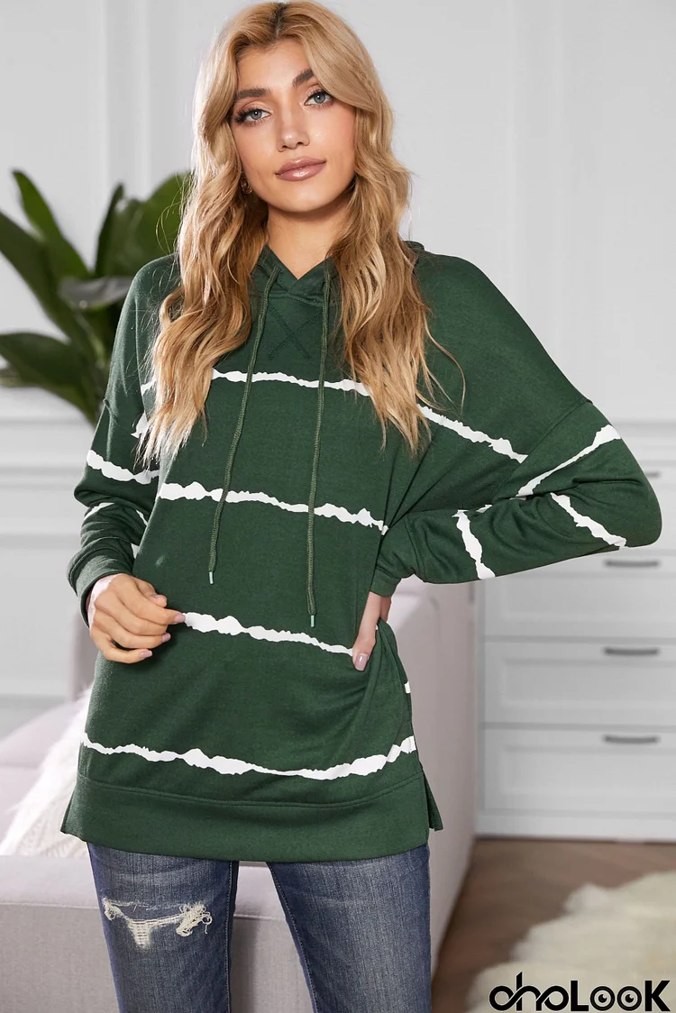 Green Tie-dye Striped Drawstring Hoodie with Side Split