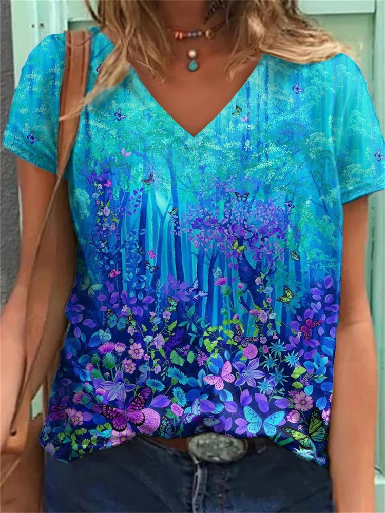 Floral Art Painting V Neck T Shirt