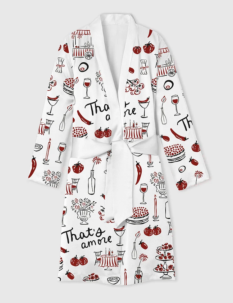 Women&rsquo;s Hand Drawn Whimsical Illustrations Of Italian Food Italian Wedding Print Satin Bathrobe