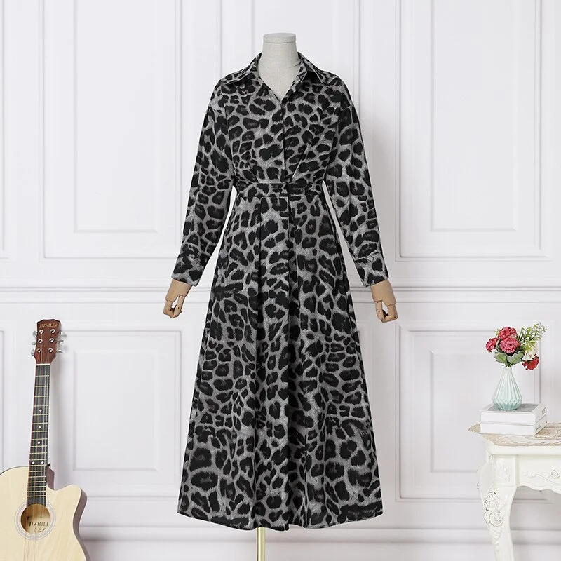 ZANZEA Autumn Shirt Dress Women Elegant Leopard Printed Sundress Bohemian Lapel Neck Long Sleeve Party Midi Vestidos Kaftan Robe