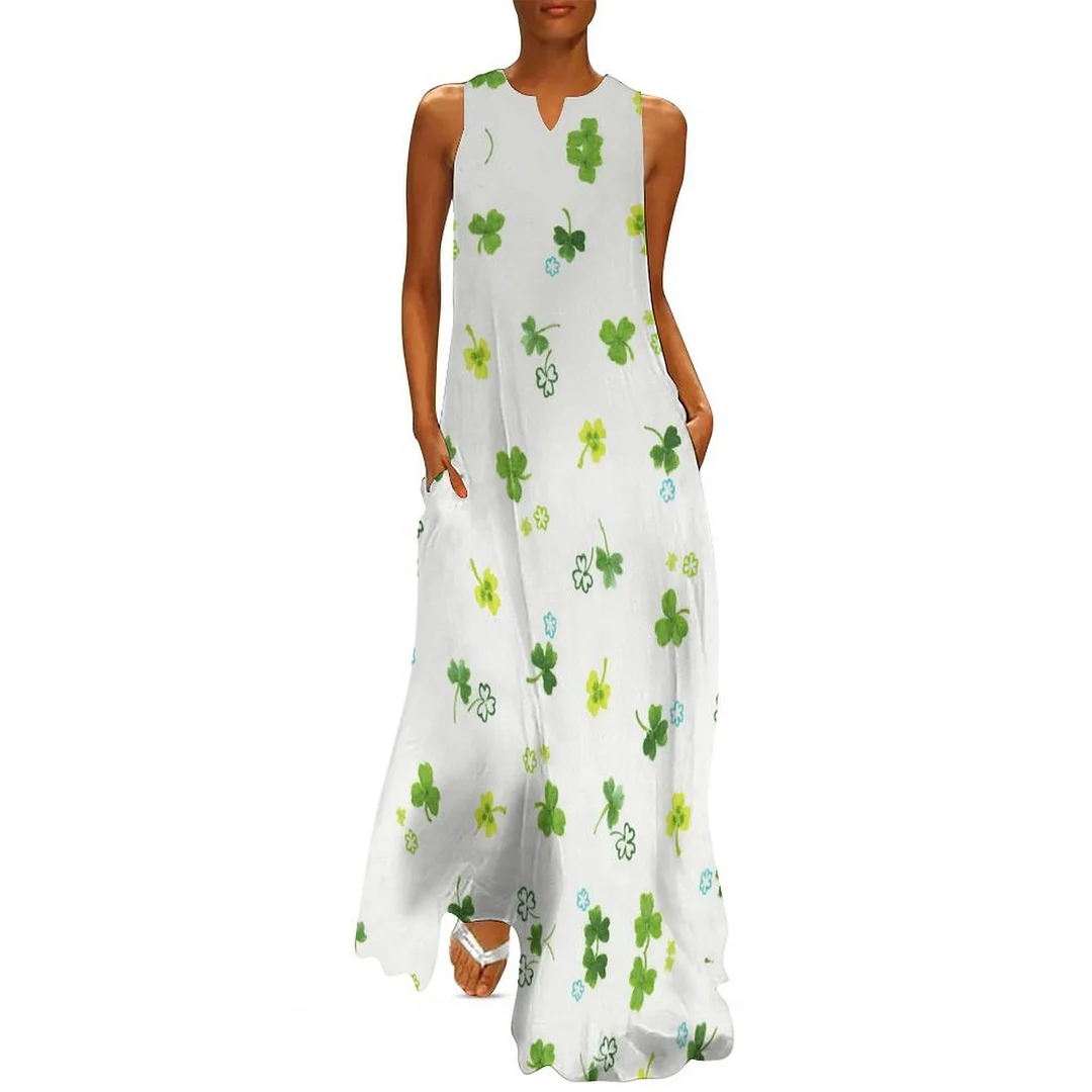 Style & Comfort for Mature Women Plus Size Printed Sleeveless Casual Women Maxi Dress with Pockets in Pattern St. Patrick's Day, Green, Clover, Lucky