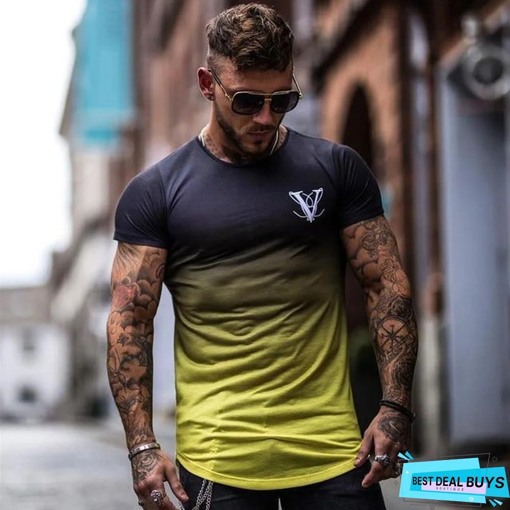 Gradient Color Fashion T-Shirt Men Fast Compression Breathable Short Sleeve