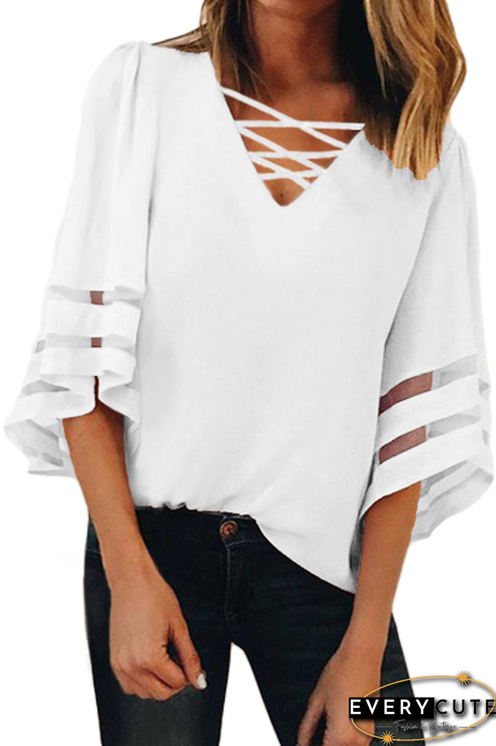 White Criss Cross Neck 3/4 Bell Sleeve Blouse