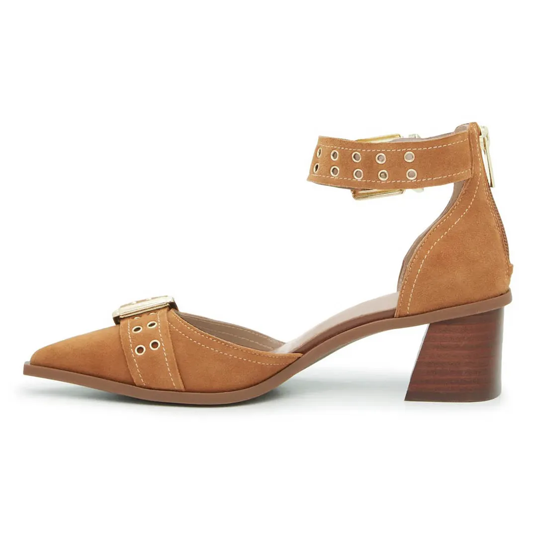 Tan Grommet Strap Pointed Toe Block Heel Pumps with Buckle