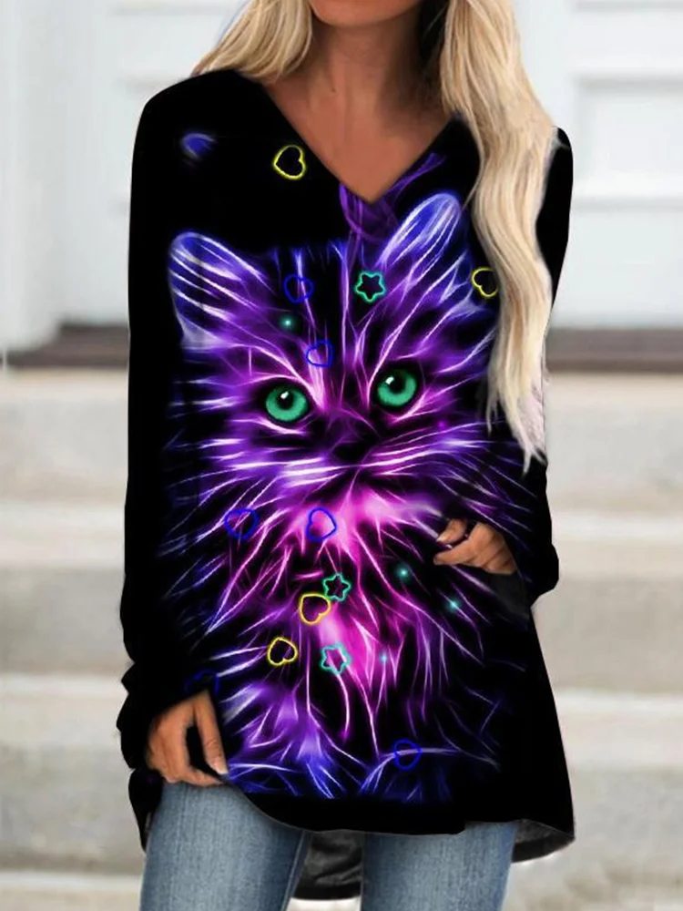 Furry Cat Printed V-Neck Long-Sleeve Tee