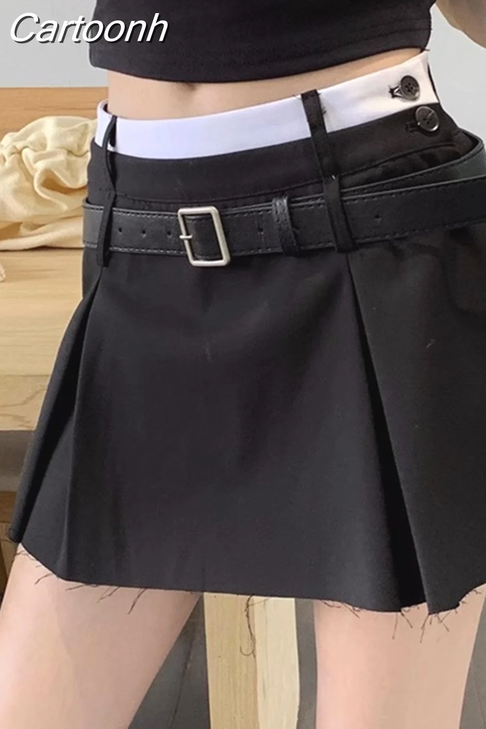 Cartoonh Belt Pleated Mini Skirt Women Korean Style Preppy Summer Patchwork High Waist Casual A-line Skirt Shorts Streetwear