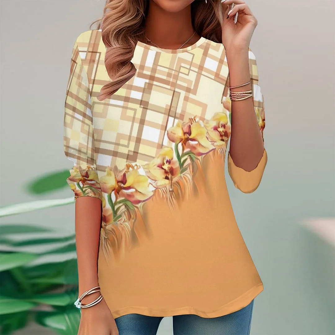 Vintage Printed Long Sleeve Plus Size Tunic for  Women and Men Unisex Pattern Yellow,Plaid,Floral