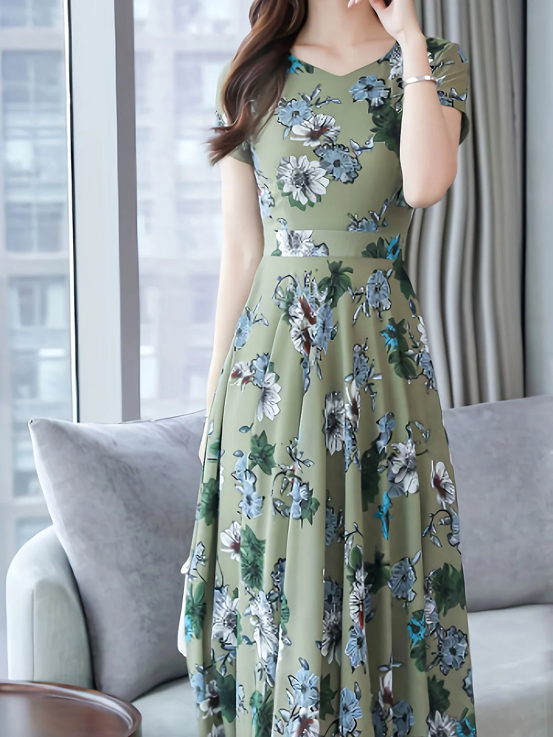 2025 New Women's Elegant Dark Green Floral Print Slim-Fit Waist-Cinching Midi Dress - Round Neck Short Sleeve Loose Hem For Spring Summer Fall, Casual To Formal Events, Event Attire, Cinched Waist, Detailed Pattern | IFYHOME