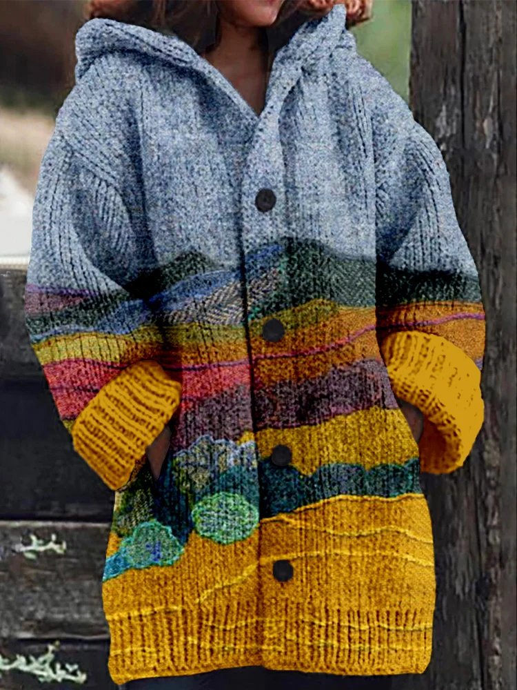 VChics Farm Landscape Felt  Art Pattern Cozy Hooded Cardigan