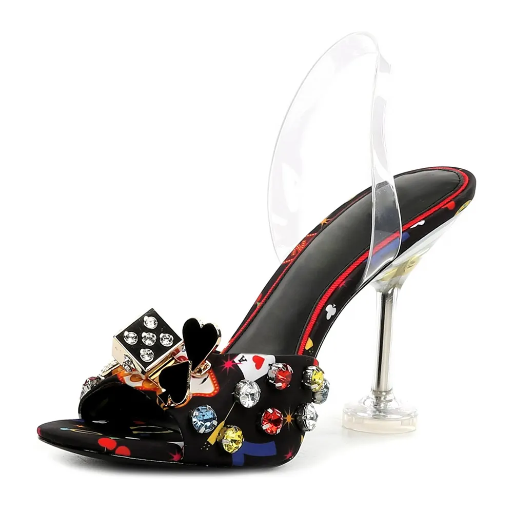 Black Casino-Themed Rhinestone Clear Slingback Heeled Sandals Nicepairs
