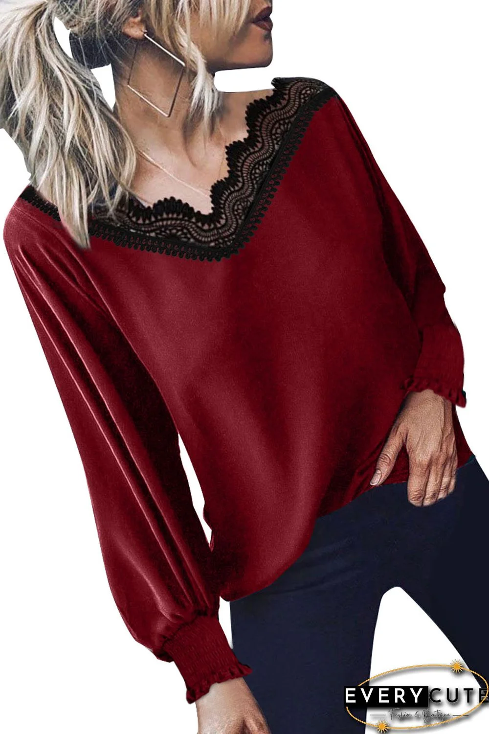 V Neck Lace Patchwork Red Blouse