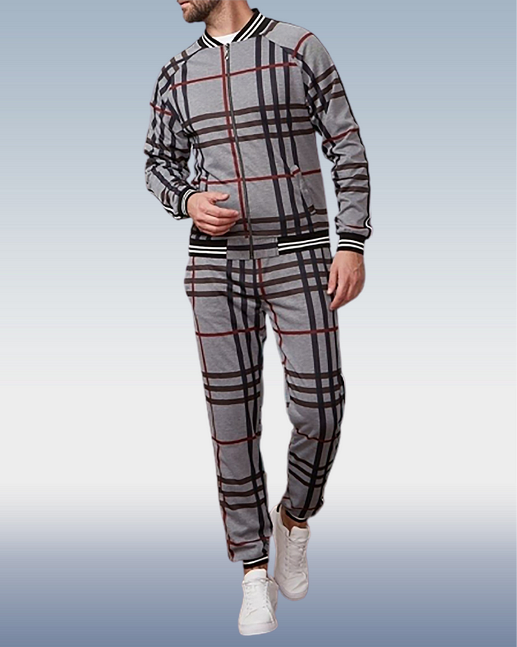 Suitmens Men's Grey Plaid Tracksuit Full Set 00043