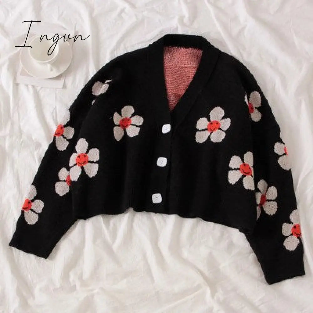 Ingvn - Spring College Style Flower Print Knitted Doat Loose Retro V - Neck Cute Light Green