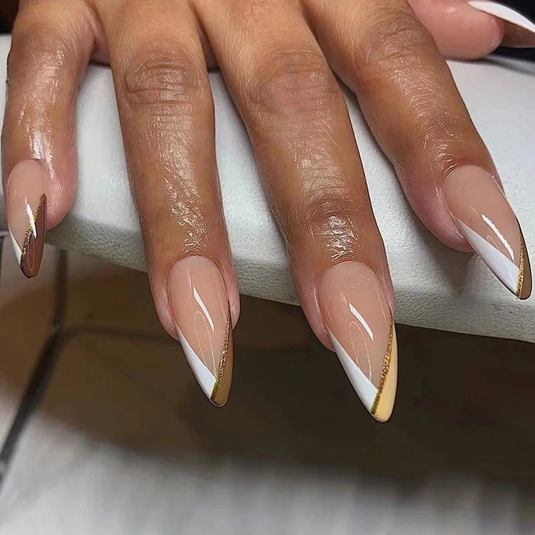 white and brown patchwork oblique wearing false nail piece