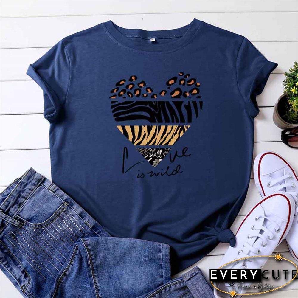 White Woman Tshirts Summer TShirt Fashion Heart Leopard Print Shirt 100%Cotton Tops O Neck Short Sleeve Tees Women Graphic Tee