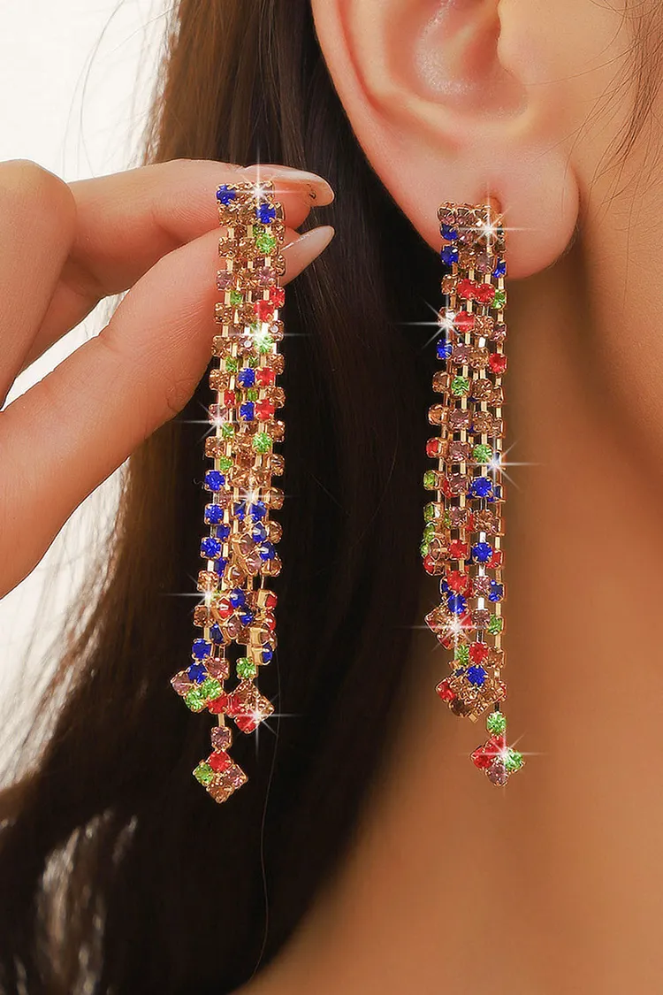 Fashion Multicolor Rhinestone Long Tassels Earrings 2024 - Xpluswear