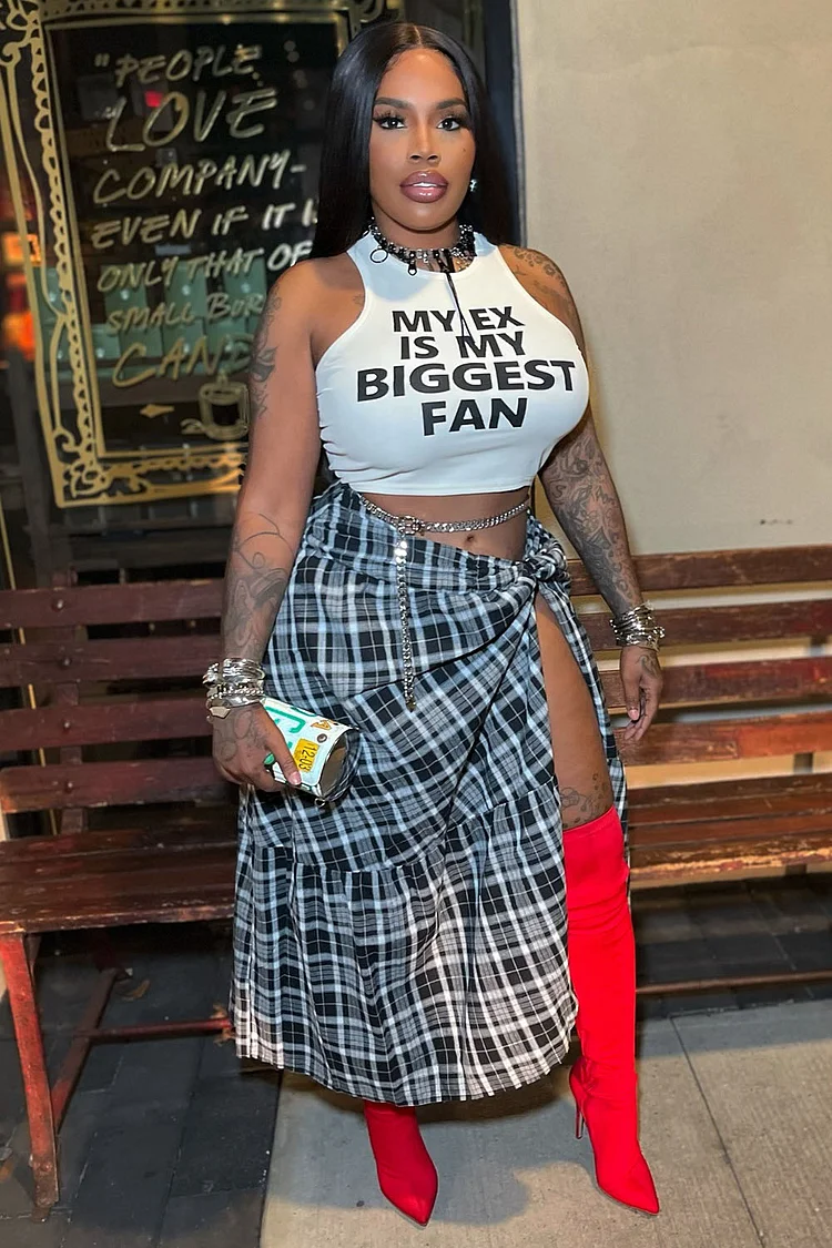 Letter Print Crop Vest Plaid Slit Maxi Skirt 2pcs Set-White [Pre Order]