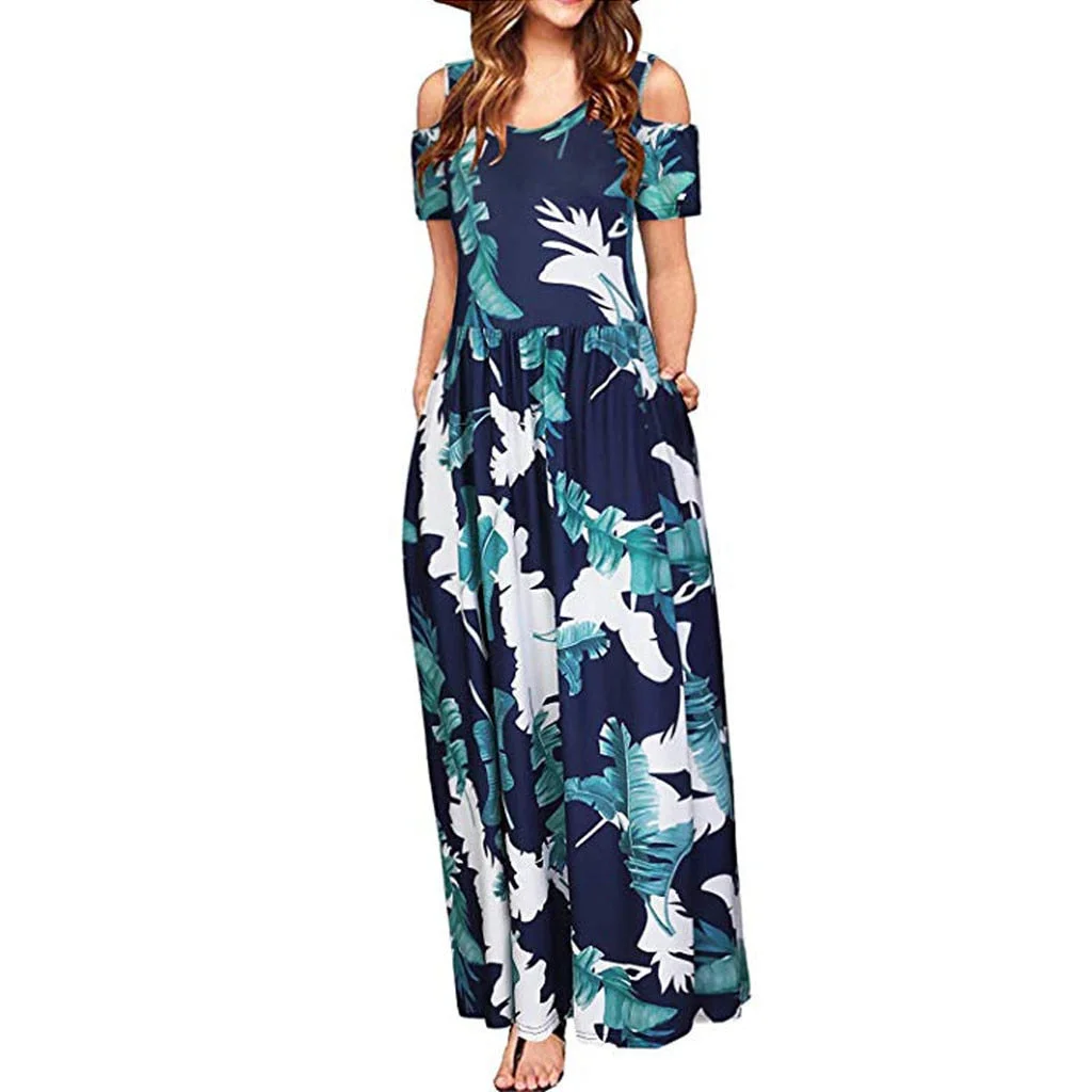 Women Summer Maxi Dress Cold Shoulder Floral Print Boho Dresses Elegant Party Long Dress Pocket Female Sundress Beach Dresses