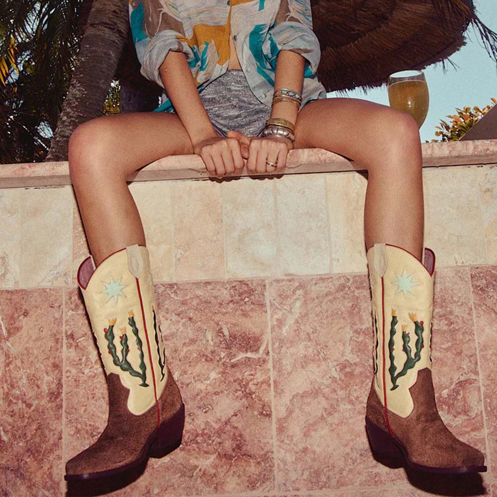 Brown and Beige Square Toe Patchwork Desert Appliqu&eacute; Cowgirl Boots Nicepairs
