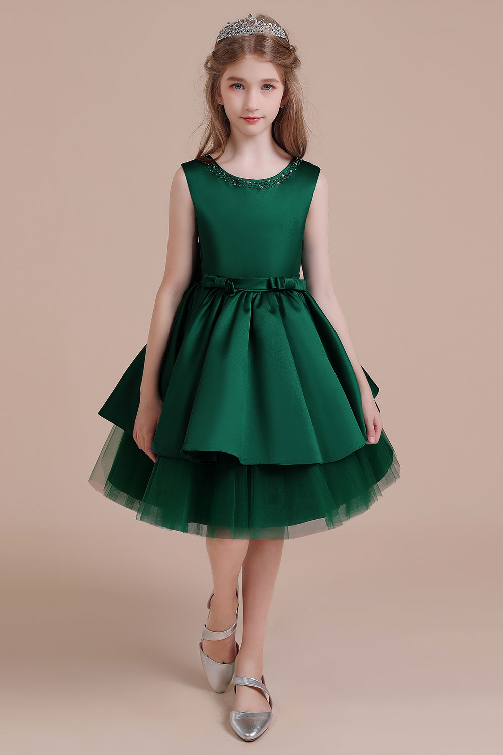 Dresseswow  Satin Tulle A-line Flower Girl Dress with  Bow Beading