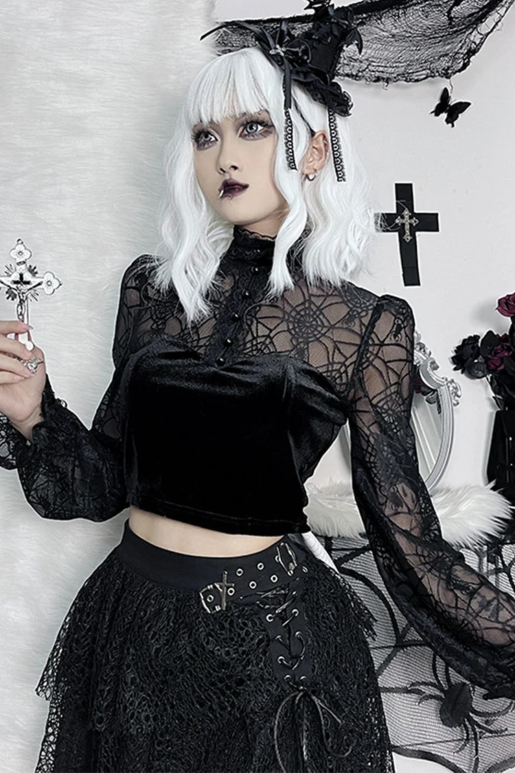 Gothic Black Casual Spider Web Velvet Patchwork Buttons See-through Lace Blouses