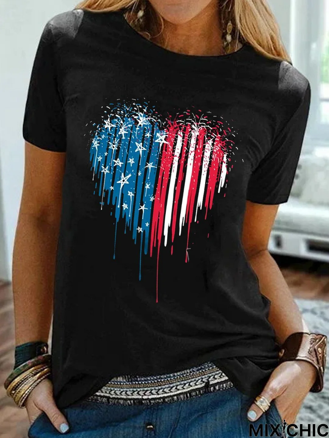 Short Sleeve Crew Neck Bleeding Heart American T-shirt