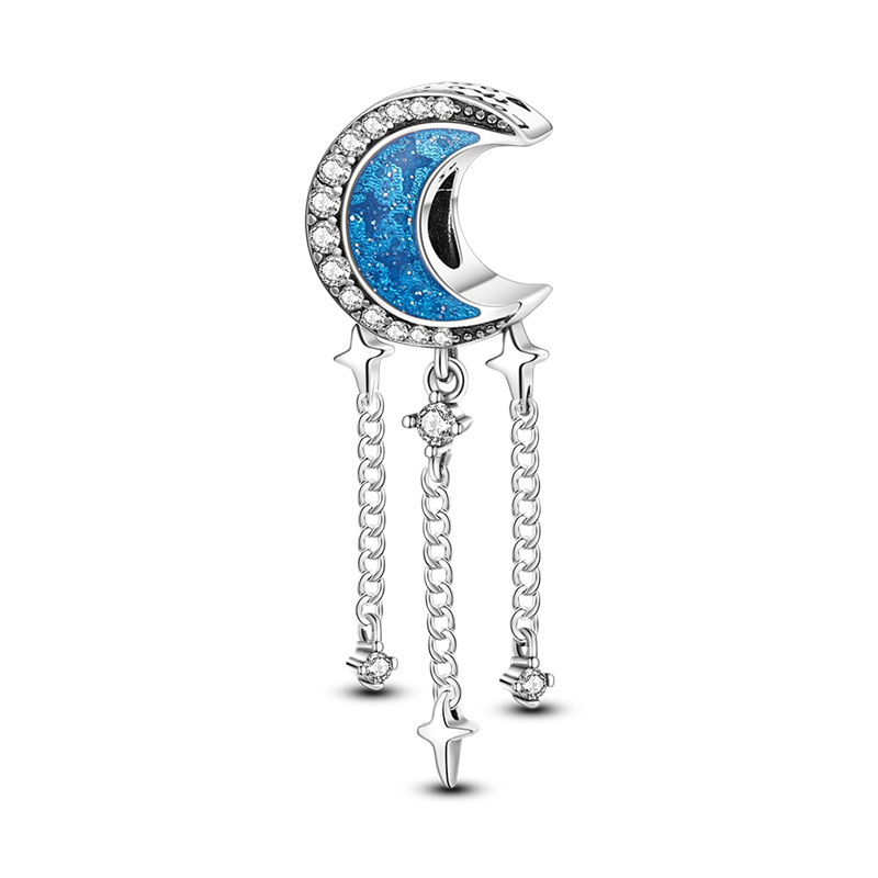 Sterling Silver Blue Star Moon Pendant Clear CZ Charm fit Charm Bracelet DIY Jewelry KTC171