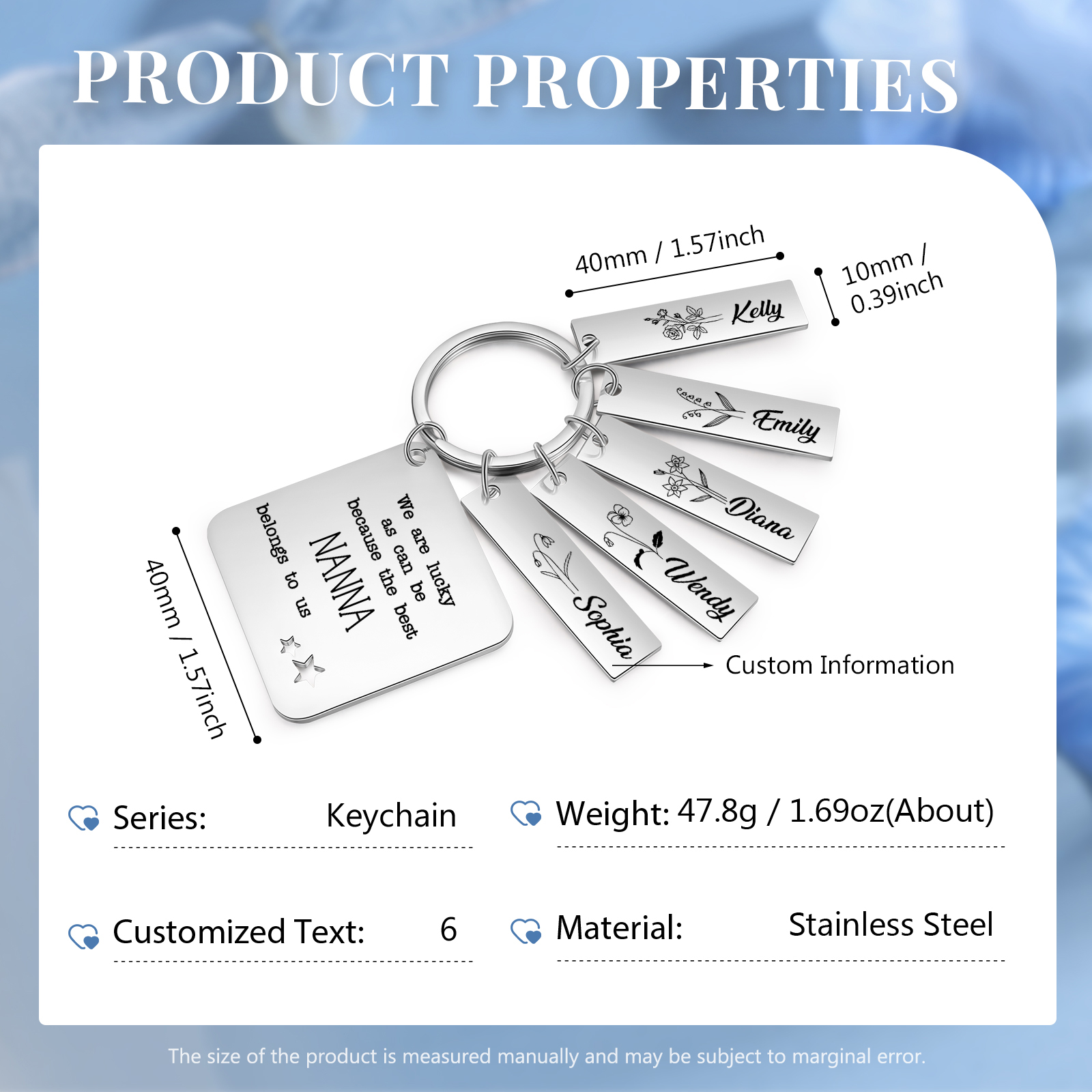 Personalised 5 Names & 5 Birth Flowers Keychain Custom Text Family Keychain Gifts for Mother/Grandma-Jessemade AU