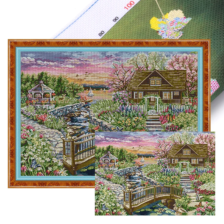 Joy Sunday-Spring Lakeside Cottage (64*50cm) 14CT Stamped Cross Stitch gbfke