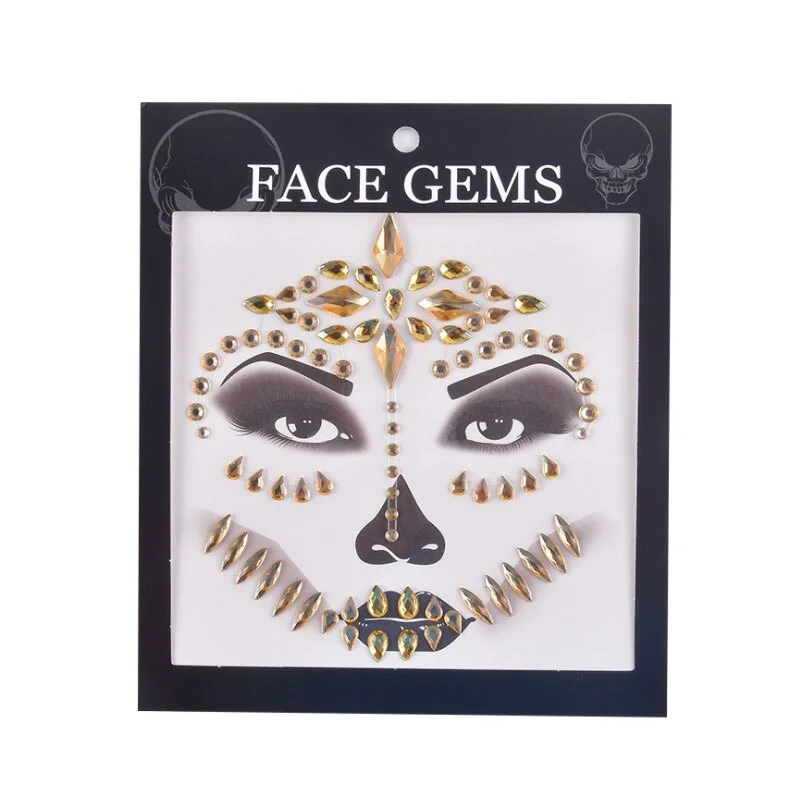 3D Gem Face Sticker Ghost Skull Face with Diamond Decoration Fashion Sexy Face Stickers Prom Holiday Party Face Decoration