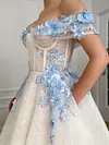White Ethereal Bluebell 3D Flower Ball Gown Off The Shoulder A Line Princess Prom Dress Organza Tulle Floor Length Formal Corset Bodice