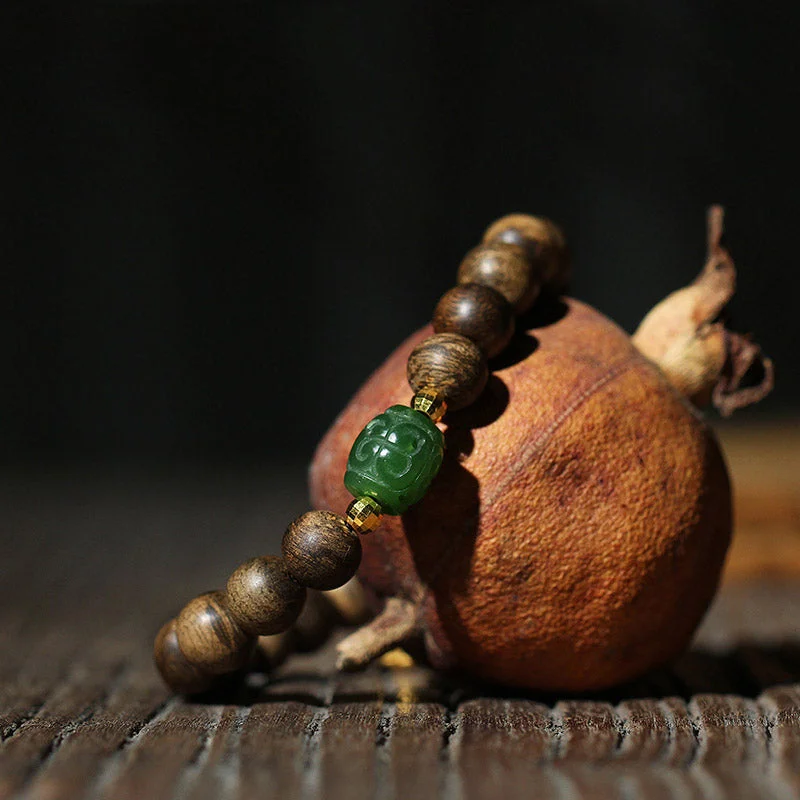 999 Gold Brunei Agarwood Cyan Jade Lotus Flower Peace Strength Bracelet