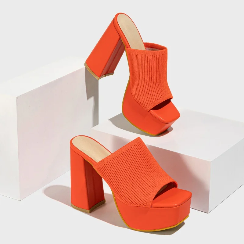 Yyvonne New Women's Knit Fashion Coarse And Waterproof Table Outdoor Street Runway Fish Mouth Slippers