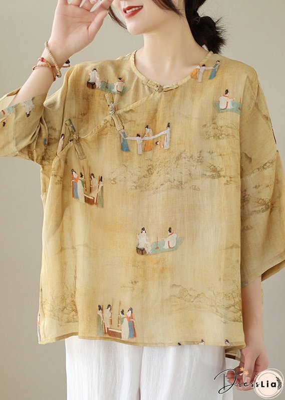 Loose Yellow O Neck Button Print Linen Shirts Batwing Sleeve