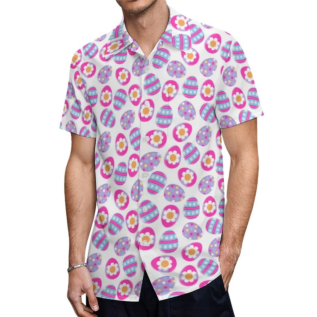 Short Sleeve Pink And Purple Easter Eggs Hawaiian Shirt Mens Button Down Plus Size Tropical Hawaii Beach Shirts