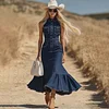Casual Fashion Dark Blue Denim Sleeveless Shirt Fishtail Midi Dress by Inlyline
