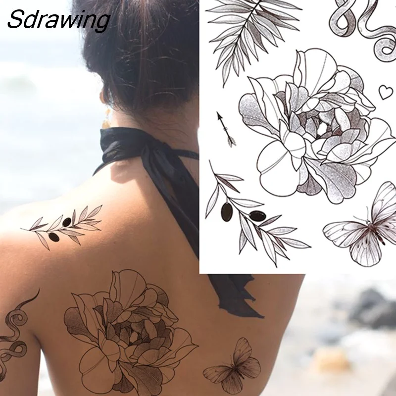 Sdrawing Lion Dahlia Temporary Tattoos For Women Adult Realistic Tiger Wolf Reindeer Snake Bird Fake Tattoo Sticker Washable Tatoos