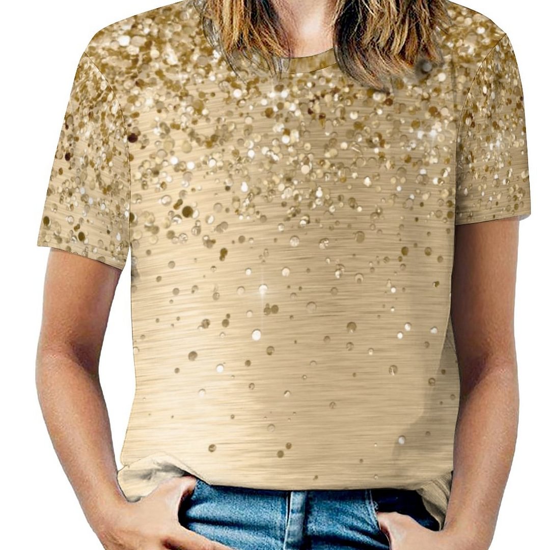 Gold Brushed Metal Glitter Short Sleeve Shirt Women Plus Size Blouse Tunics Tops