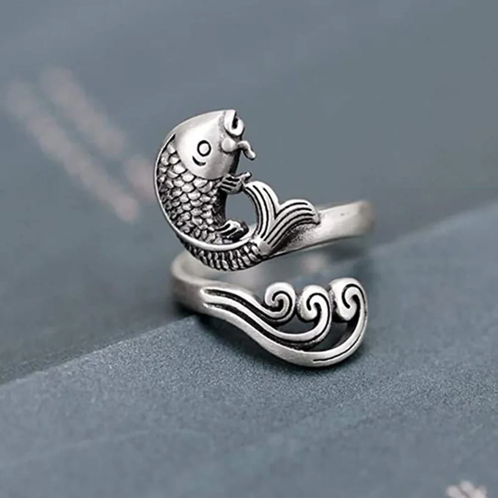 Women Vintage Opening Alloy Ring Adjustable Thimble Crochet Loop (Koi Fish)