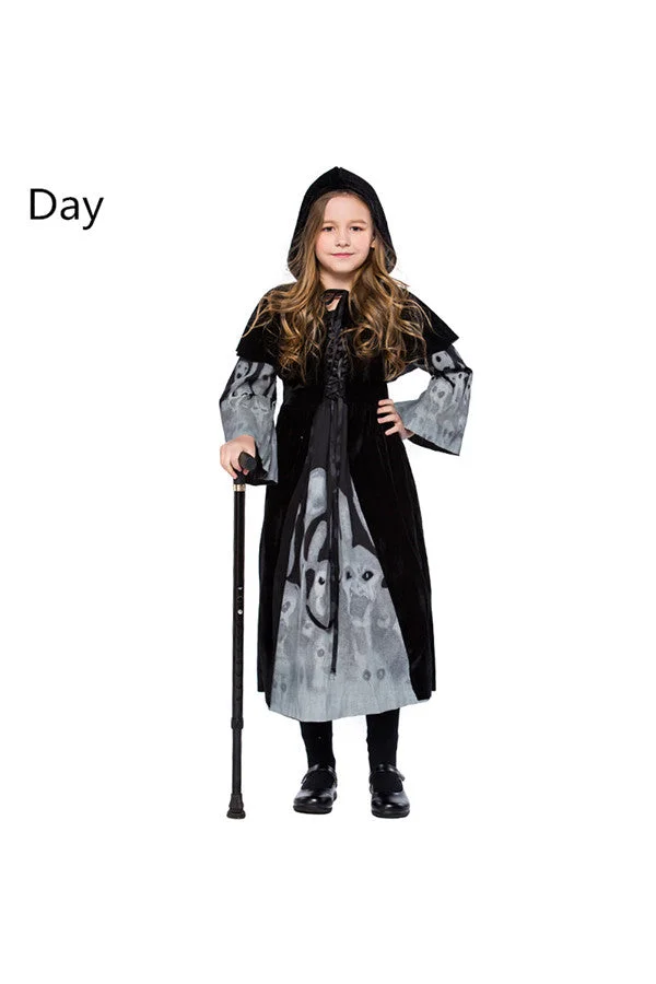 Glow In The Dark Girls Skull Printed Halloween Costume For Kids Black-elleschic
