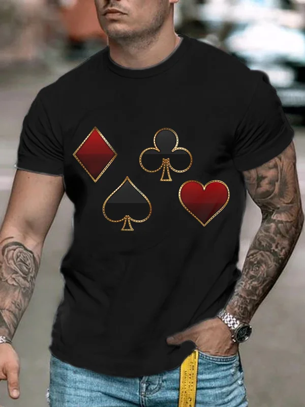 Stylish men casual black poker heart print short sleeve T-shirt.jpg